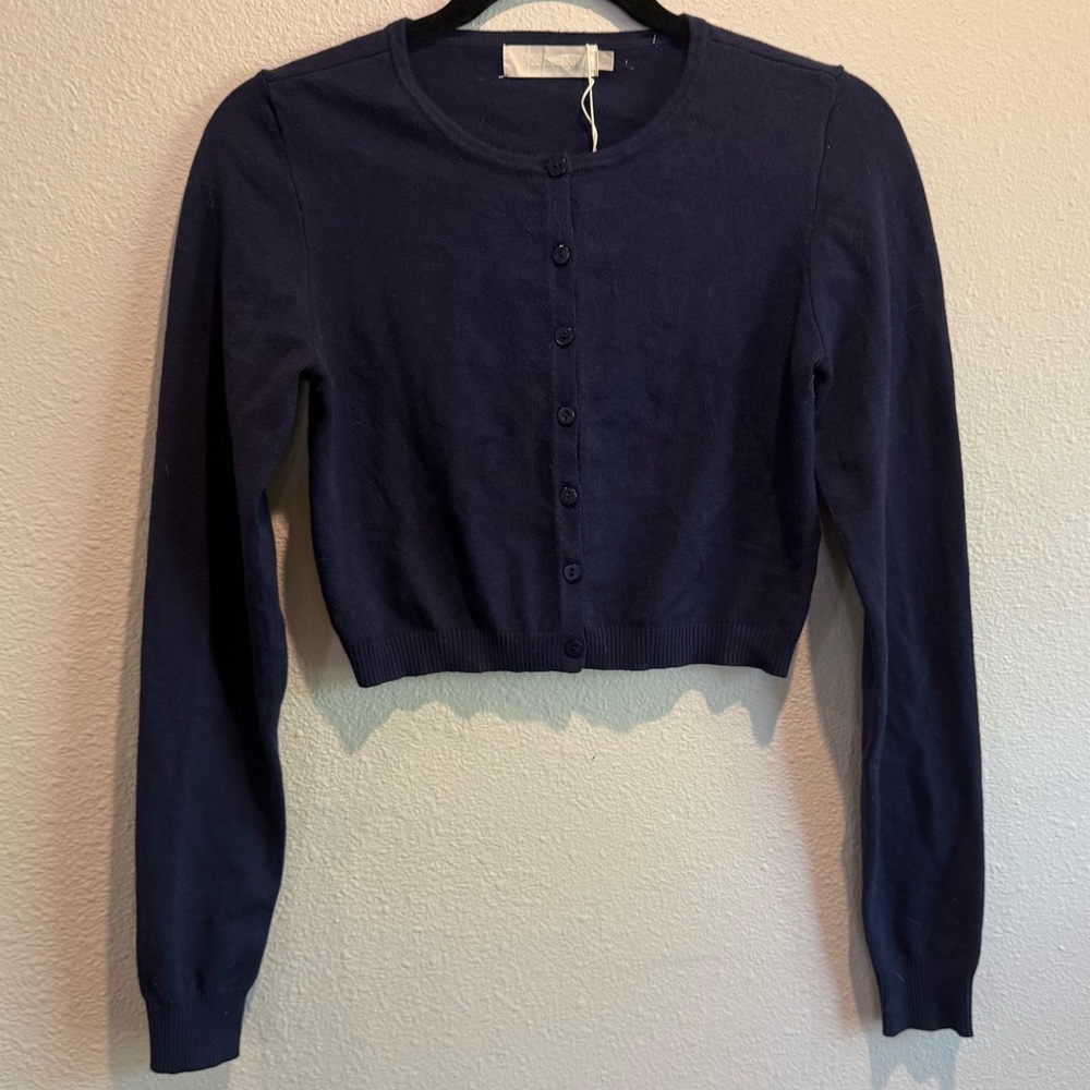 Meshki Penny Ribbed Knit Cropped Button Cardigan - Navy Blue NEW NWT